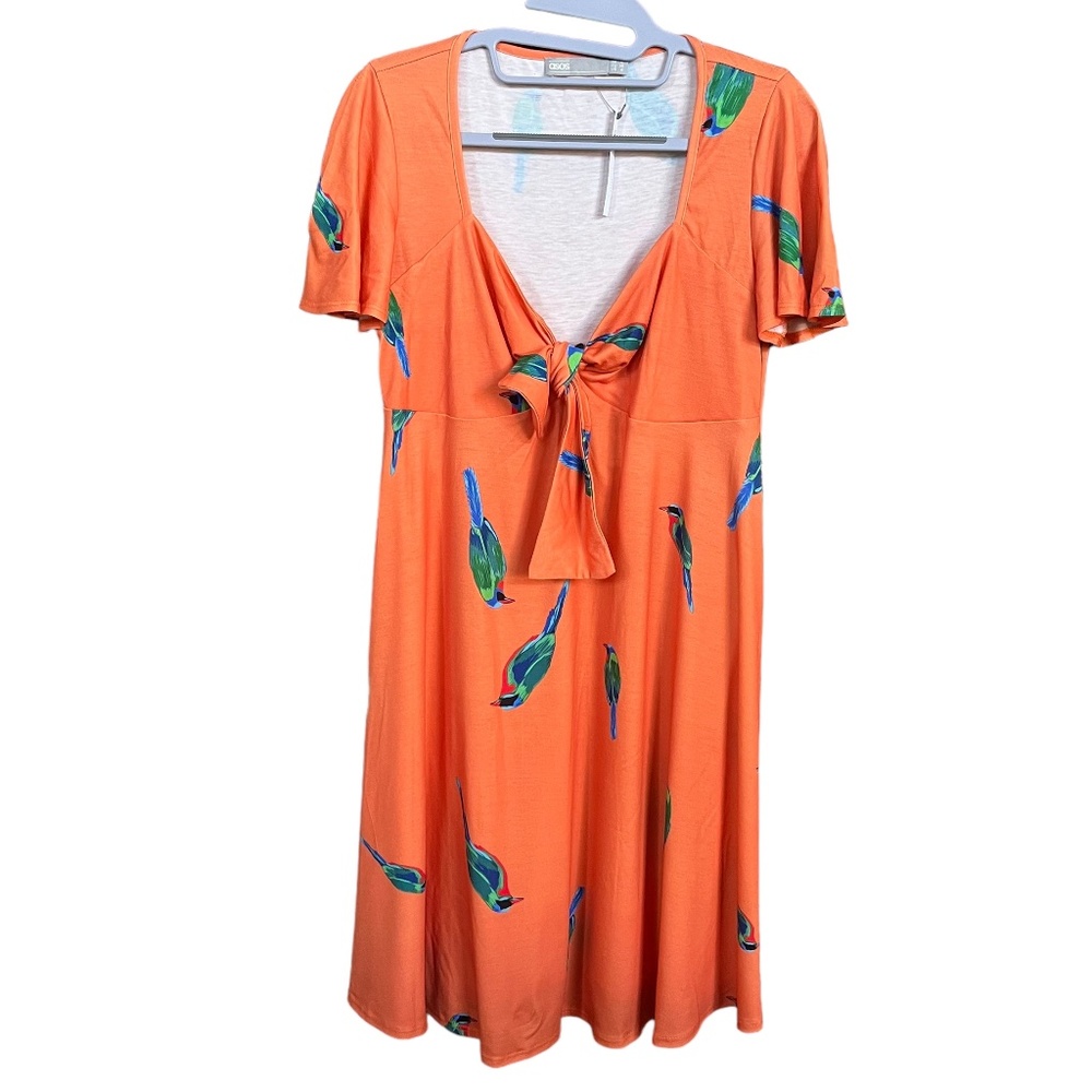 ASOS Maternity Orange Tie-Front Midi Dress with Blue & Green Bird Print